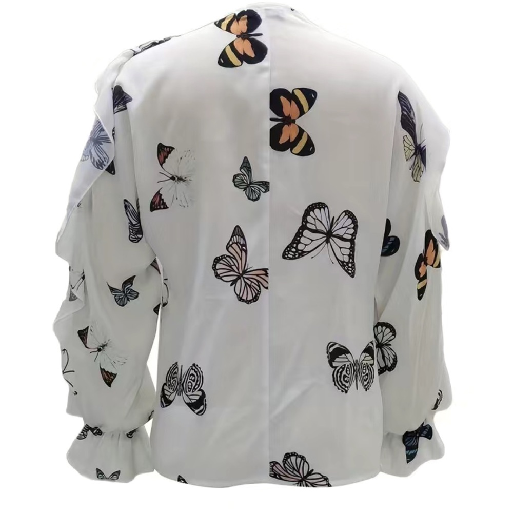 BUTTERFLY PRINT RUFFLE HEM BLOUSE V-NECK LONG SLEEVES WESTERN CASUAL BOHO TOP SM - Picture 3 of 3